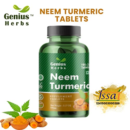 Genius Herbs Neem Turmeric Tablets 500 mg | Best Detox | Boosts Immunity| 180 No.s 45 days Pack of 4