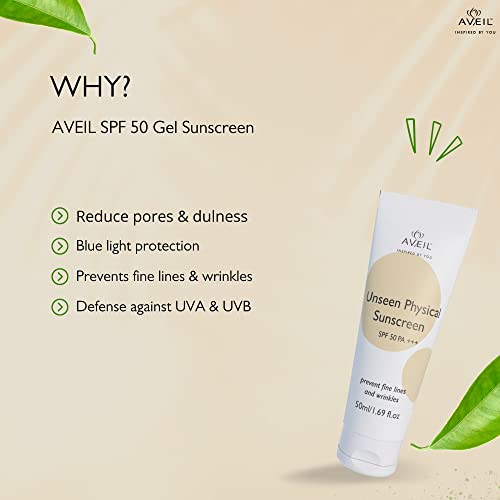 AVEIL Unseen Physical Sunscreen SPF 50 PA+++ - 50ml, Invisible, No White Cast, Prevents Fine Lines & Wrinkles