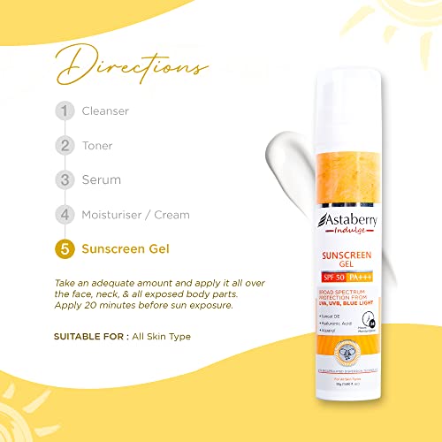 Astaberry Indulge Sunscreen Gel SPF 50 PA+++ |Broad Spectrum protection from UVA/B & Blue Light| SunE & No White Cast | Light Weight & Non Greasy- 50g