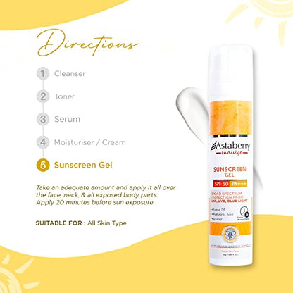 Astaberry Indulge Sunscreen Gel SPF 50 PA+++ |Broad Spectrum protection from UVA/B & Blue Light| SunE & No White Cast | Light Weight & Non Greasy- 50g