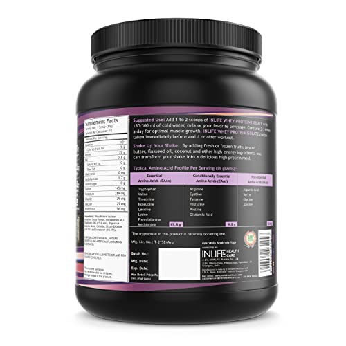 INLIFE 100% Isolate Whey Protein Powder Supplement 27 grams protein per serving (Chocolate, 400 gm)