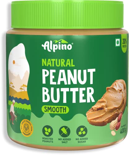 Alpino Natural Peanut Butter Smooth 400 G | Unsweetened | 100% Roasted Peanuts | No Added Sugar, Salt | Gluten-Free | Vegan