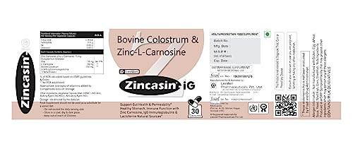 Zincasin- iG Contains Zinc-L-Carnosine 75mg Complex, Bovine Colostrum 500mg - 30 Vegetarian Capsules