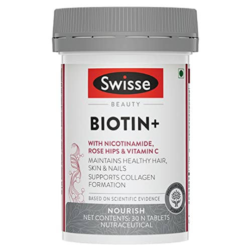Swisse Biotin+ with Nicotinamide & Rose Hips + Vitamin C For Healthy Hair, Skin & Nails (30 Tablets)