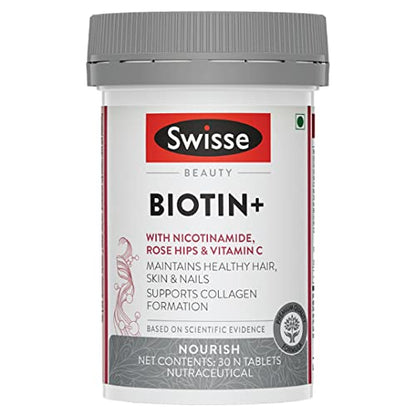 Swisse Biotin+ with Nicotinamide & Rose Hips + Vitamin C For Healthy Hair, Skin & Nails (30 Tablets)