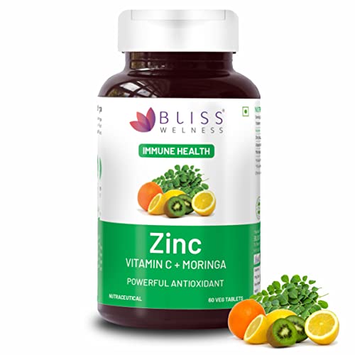Bliss Welness Immunity Booster Skin Glow | Vitamin C + Zinc Citrate + Moringa Extract | Immune Boost Antioxidant Supplement - 60 Veg Tablets