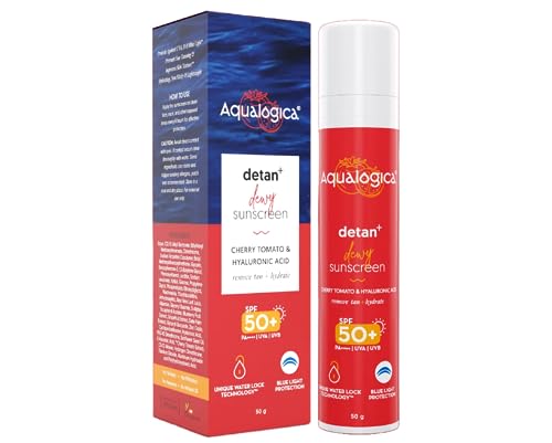 Aqualogica Detan+ Dewy Lightweight Sunscreen with SPF 50+ & PA++++ for UVA/B & Blue Light Protection Tan Removal & No White Cast for Men & Women - 50g