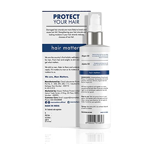 Man Matters Hair Serum for Men With Jojoba and Argan oil | For Silkier, Shinier, Smoother & Frizz Fr Shine & Smoothness | Non Sticky Hair Serum | 90ml