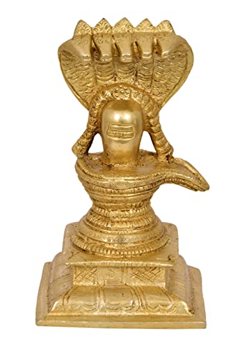 Nexplora Industries Pvt. Ltd. Brass Shivling with Sheshnag Showpiece for Pooja Shiva Lingam Statue, Height 13 cm, Gold Antique, 1 Piece