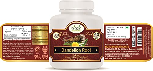 Biotic Natural Dandelion Root Capsules 500mg Extract - 60 Veg Capsules