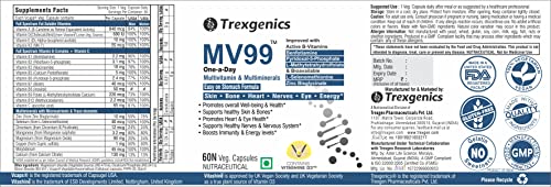 Trexgenics MV99 Multivitamin One-a-day Easy On Stomach with Multiminerals & Micronutrients for Men & Women (60 Veg Capsules)