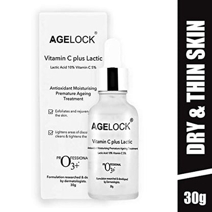 O3+ Agelock Vitamin C Lactic Acid Serum for Face Exfoliation, Anti Ageing, Moisturising & Whitening All Skin Types, 30g