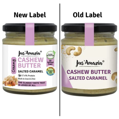 Jus' Amazin Creamy Cashew Butter – Salted Caramel (200g) | 17% Protein | Plant Based Nutrition | Zero Chemicals | Vegan