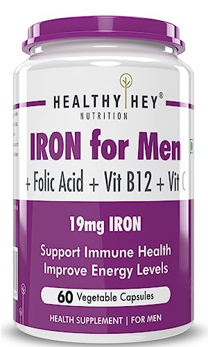 HealthyHey Iron Supplement for Men - With Vitamin B12, Folic Acid & Vitamin C for High Absorption (60 Veg Capsules)