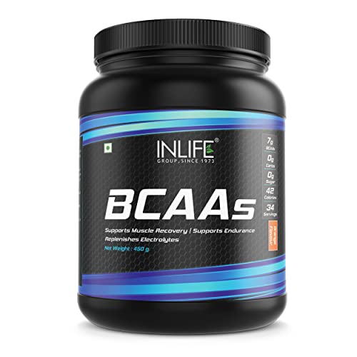 INLIFE BCAA Supplement 7g Amino Acids Instantized for Pre Post & Intra Energy Drink for Workout (Orange, 450g)