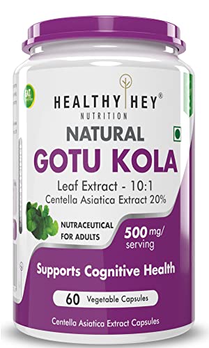 HealthyHey Nutrition Gotu Kola Extract Supplement, Adaptogen for Brain & Nervous System Support - 60 Capsules, 500mg
