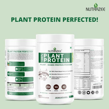 Nutrazee 100% Plant Protein Powder Vegan For Men & Women, Chocolate Flavour, Gluten & Lactose Free, Added Digestive Enzymes & Antioxidants (400g)