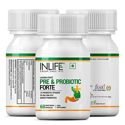 INLIFE Prebiotic and Probiotics Forte Supplement for Men & Women 25 billion CFU, Digestion Gut & Immunity Health Supplement - 60 Veg Caps