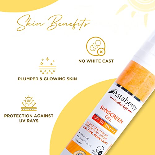 Astaberry Indulge Sunscreen Gel SPF 50 PA+++ |Broad Spectrum protection from UVA/B & Blue Light| SunE & No White Cast | Light Weight & Non Greasy- 50g