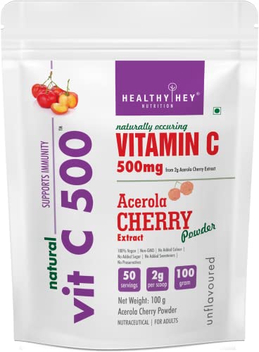 HealthyHey Nutrition Natural Vit C 500 - Natural Vitamin C sourced from Acerola Cherry Extract Powder - 100gm Powder (Unflavoured)