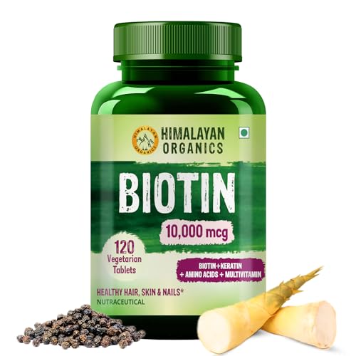 HIMALAYAN ORGANICS Biotin 10000 MCG Supplement For Men And Women With Keratin+Amino Acids+MultivitamHealthy Hair, Skin & Nails -120 Vegetarian Tablets