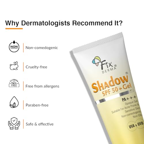 FIXDERMA Shadow Sunscreen Spf 50+ Gel For Oily Skin, Body & Face, Broad Spectrum For Uva & Uvb Protetion For Unisex, Non Greasy & Water Resistant, 75g