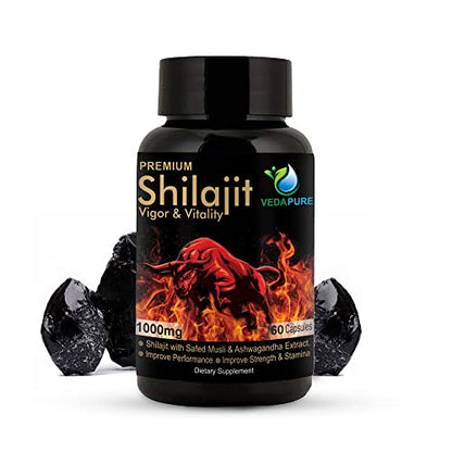 Vedapure Premium Shilajit Capsule with Safed Musli, Ashwagandha Helps in Stamina, Strength, Vitality For Men 1000mg/Serving 60 Veg Capsule