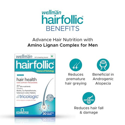 Wellman Hairfollic Hair supplements for Men with zinc, selenium, lignans that supports hair growth, ide strength to hair roots | vegetarian 30 tablets