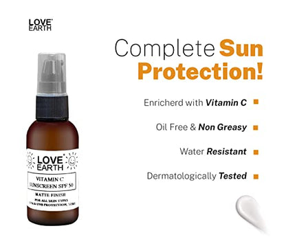 Love Earth Vitamin C Sunscreen SPF-50 For Sun's UVA, UVB Ray Protection With Vitamin C & Essential Oils For All Skin Types 50ml