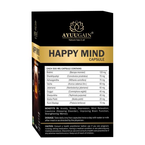 Ayuugain Happy Mind Capsule with Brahmi Bacopa Monnieri, Shankhpushpi, Ashwagandha, Vacha & More – 60 Veg. Capsules