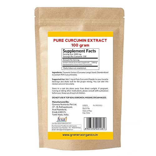 Grenera Pure Curcumin Extract Powder (Superior Turmeric Extract, 95% Curcuminoids) Immune & Joint Support, 100 grams