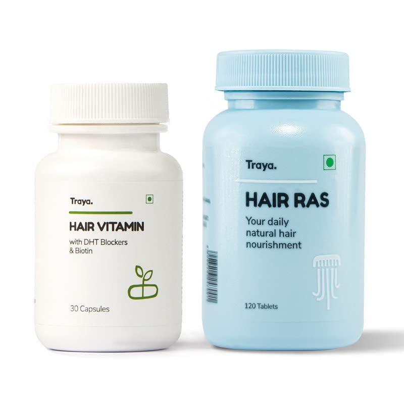 Traya Hair Growth Supplements Combo, Hair Ras (120 Tablets) + Hair Vitamins (30 Tablets) | 12 mcg Biotin & Ashwagandha Tablets for Healthy Hair