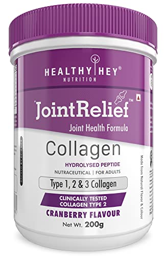 HealthyHey Nutrition JointRelief Collagen Peptide Type 1, 2 & 3 with Glucosamine, Chondroitin, MSM - 200g (Cranberry)