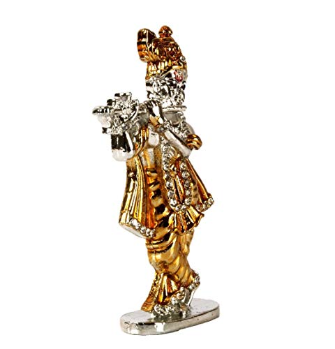 Relicon Lord Krishna Idol (Design-39) Silver Gold Metal Statue for Car Dashboard | Mandir Pooja (L*B*H-4 x 1 x 9 Cm)