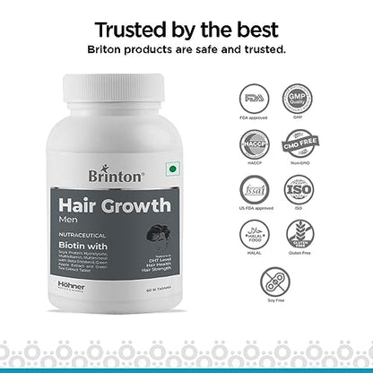 Brinton Hair Growth Men| Biotin with Soya Protein, Green Apple & Green Tea Extract | DHT Blocker, Hah & Hair Strength, Prevents Hair Fall - 30 Tablets