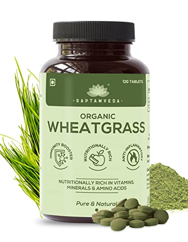 SAPTAMVEDA Organic Wheat Grass Tablets (120 Tablets, 500mg) - Natural Antioxidant Superfood, Supports Healthy Joints, Immunity Booster, Non-GMO, Vegan