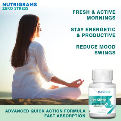 Nutrigrams Zero Stress, with Ashwagandha (7.5% Withanolides), Brahmi, Jatamansi & Tagar Extracts - 60 Tablets