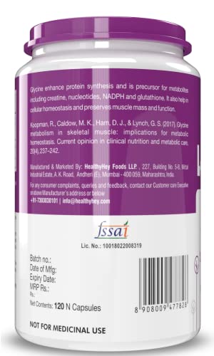 Healthyhey Nutrition L- Glycine - 500 mg - Support Brain and Sleep Health -Pack of 120 Veg. Capsules (120)
