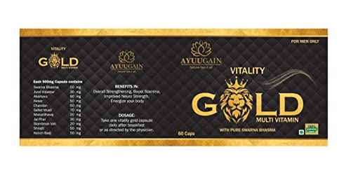 Ayuugain Vitality Gold Multivitamin Capsule for Men with Swarna Bhasma, Kesar, Shilajit, Makardwaj, y, Vitality, Power, Stamina, Endurance - Pack of 2