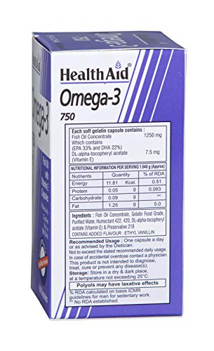 HealthAid Omega- 3 750mg (EPA 425mg, DHA 325mg) - 60 Capsules | vitamin E capsules with fish oil | Apromotes healthy skin and healthy brain function |