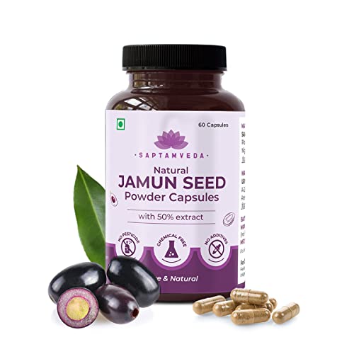 Saptamveda Natural Jamun Seed Powder Capsules with 50% Extract Pack 1, 500 mg ( 60 Capsules)