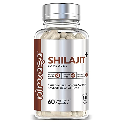 Nirvasa Shilajit Capsules (800 mg) with Safed Musli, Ashwagandha & Kaunch Beej | Purest Shilajit - 60 Capsules Pack of 1