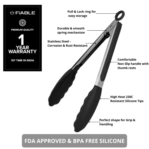 FiABLE Premium Steel and Silicone Food Tongs for Kitchen, Barbeque and Serving - 10 inch FDA Approved Silicone, 230°C Heat-Resistant