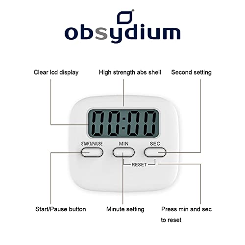 OBSYDIUM Digital Kitchen Timer, Magnetic Countdown Pomodoro Timer with Loud Sound, Back Stand, Hanging Hole (White, 1 Piece)