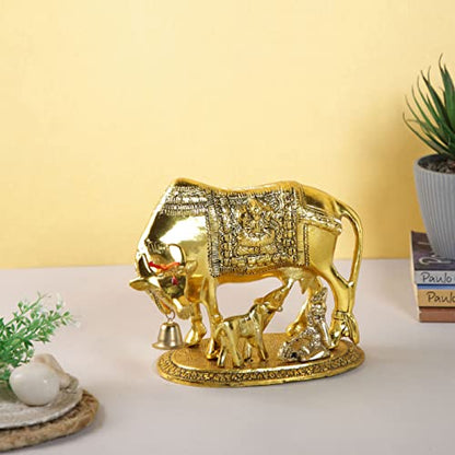 Collectible India Metal Kamdhenu Cow with Calf Showpiece, 7.5 x 7 x 5.5 Inches, Golden