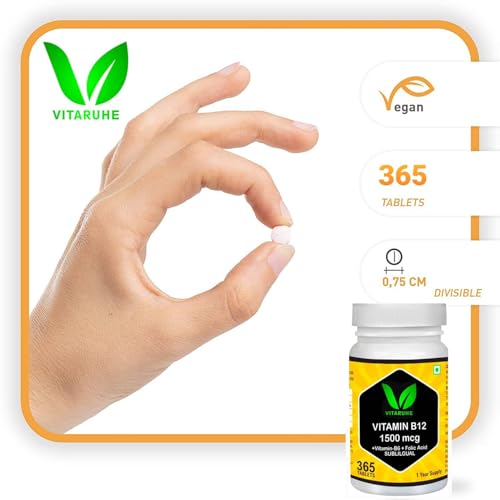 VITARUHE Vitamin B12 High Dose+ B6/Folic Acid, 365 Tablets Methylcobalamin & Sublingual for Maximum Effects, Vegan, 365 Tablets for 1 year