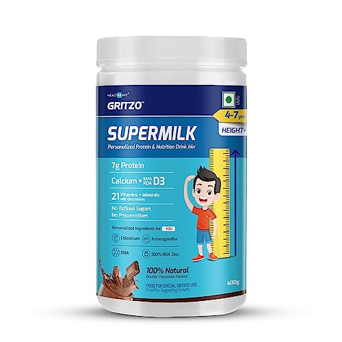 Gritzo Supermilk Height+ For 4-7Y Kids,Personalized Health Drink For Kids, Double Chocolate Flavour,400G