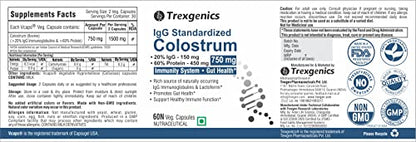 Trexgenics Colostrum 750 mg, 20% IgG, 60% Protein, Immunity, Gut Health Support Veg & Non-Gmo (60 Veg Capsules)
