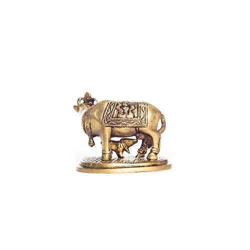 eCraftIndia Holy Kamdhenu Cow and Calf Brass Figurine (8 cm x 5 cm x 6, Golden and Yellow)