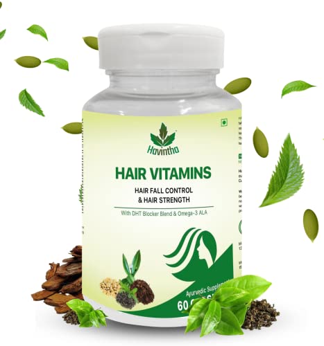 Havintha Plant Based Hair Vitamins Supplement with DHT Blocker, Hair Vitamin Blend, Omega 3 ALA & Pie Bark Extract for Control Hair Fall - 60 Capsules